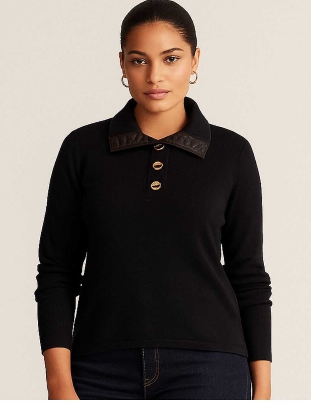 Lauren Ralph Lauren Sweater Size L Black Animal Print Mock Neck Gold Button Top